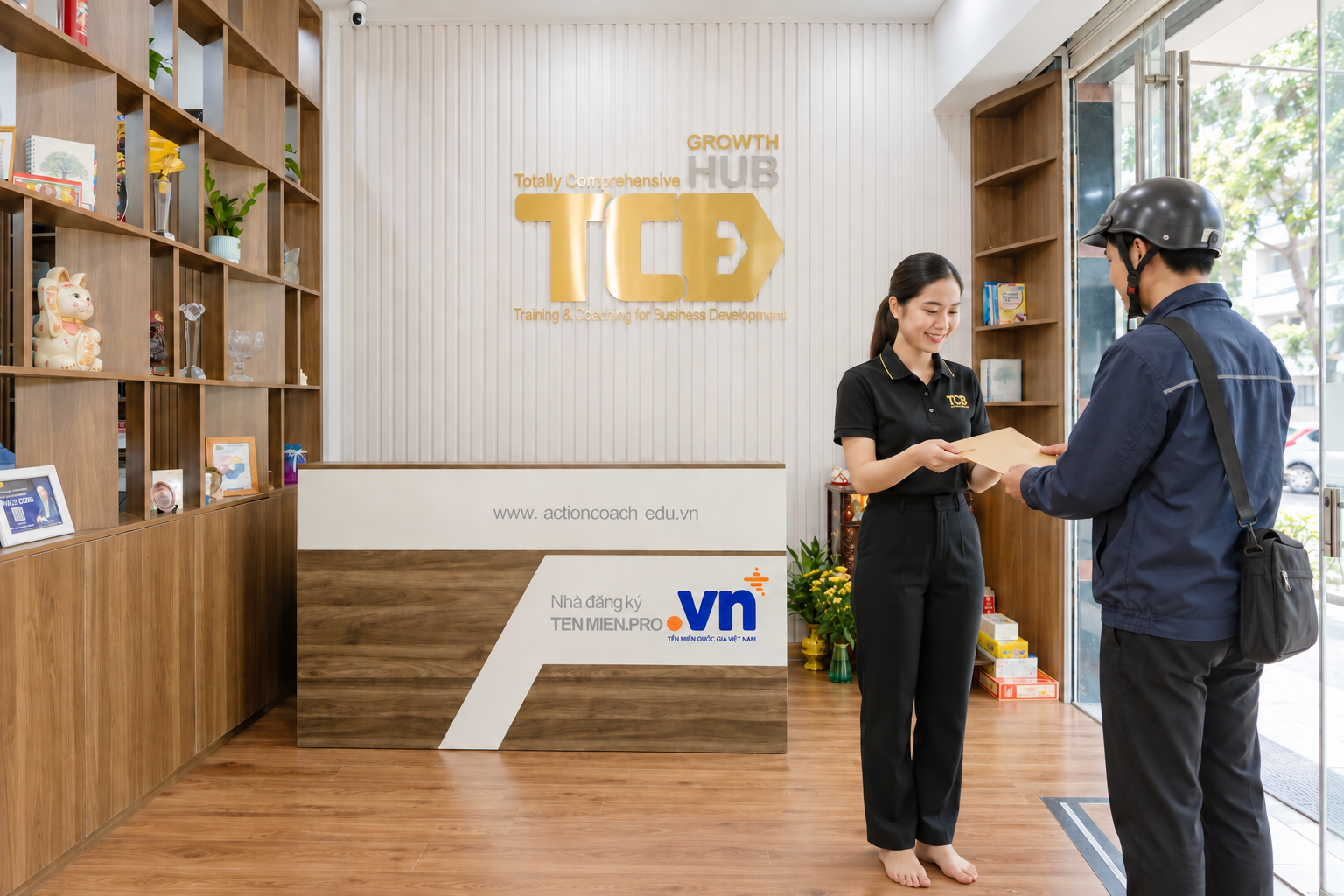 Nhân viên lễ tân tiếp nhận bưu phẩm tại quầy TCBD Growth Hub